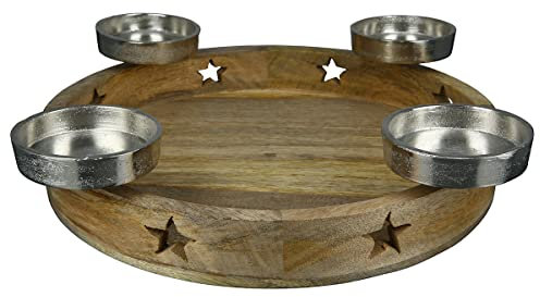 GILDE Advents Kranz Ø 46 cm- aus Holz -Stern Deko - mit Kerzenteller für 4 Kerzen Ø 9 cm