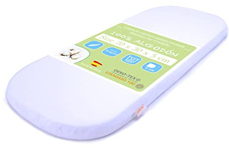 PEKITAS Matratze, oval, atmungsaktiv, für Kinderwagen, 70 x 30 x 5 cm, Bezug 100 % Baumwolle