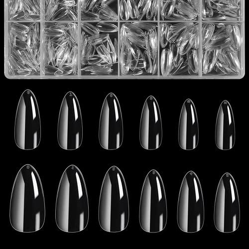 ASENTER 600 Pièces Pose Américaine Ongles Capsules Amande Moyen Court Transparente Faux Ongles Gel x pose Americaine 12 tailles Différentes Acrylique Resin