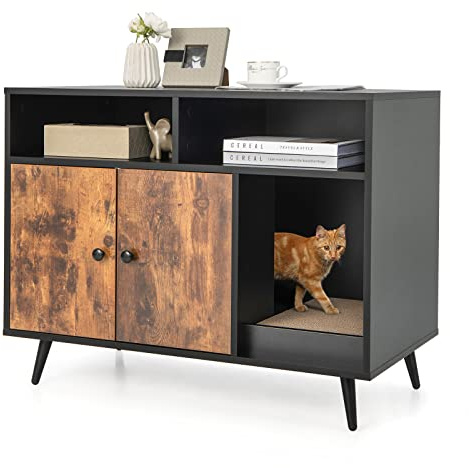 COSTWAY Cat Litter Box Enclosure, Hidden Kitty Washroom Toilet with Double Door Cabinet and Scratching Pad, Indoor Cats House Side Table Nightstand (90x50x70cm)