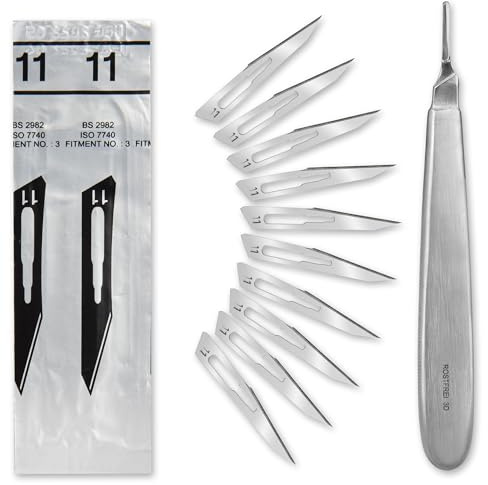 Set - 10 Stück sterile Skalpellklingen Figur 11 aus Karbonstahl - Ersatzklingen + 1 x Shehadeh - Skalpell-Halter mit 13,5 cm langem und bauchigen Griff - Edelstahl