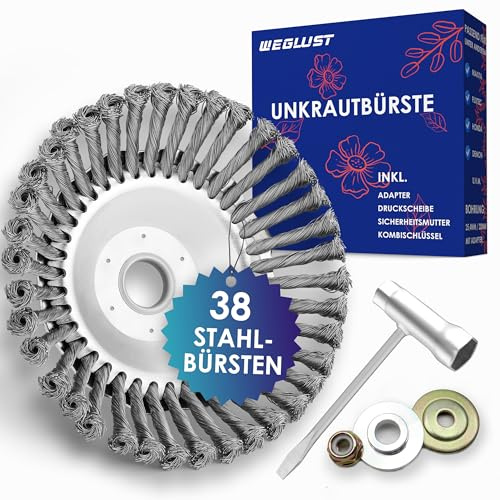 WEGLUST 38 Stahl-BÜRSTEN Unkrautbürste Unkrauttrimmer Wildkrautbürste Motorsense Freischneider Rundbürste für Motorsense - 200x25,4mm Drahtbürste mit Kegelform entfernt mühelos Unkraut und Moos