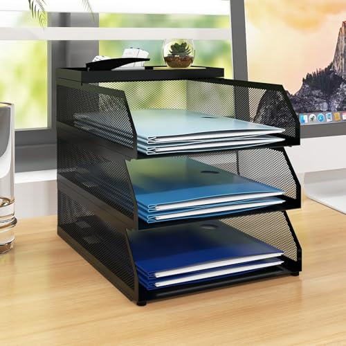 Natwind 3-Tier Stackable Metal Mesh Desk Paper Tray Organizer,Black