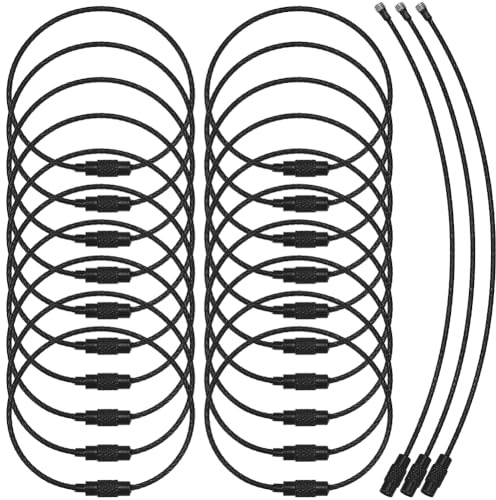 SUNNYCLUE 40 Porte Clés Noir de 61.5cm Fil Métallique Câble de (3) mm en Acier Inoxydable Extensible Robuste Anneaux Porte Clés Boucles pour Étiquettes de Bagages pour Bricolage Fabrication de Porte