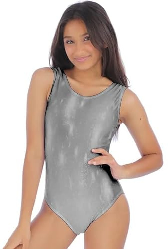 R&N FASHIONS Justaucorps sans manches pour fille - Pour l'école, le sport, la danse, la gymnastique, le ballet - Effet mouillé métallique brillant - Costume de fête disco ou de danse, Argenté., M-L