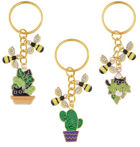 SUPERFINDINGS 3Styles Porte-clés abeille Porte-clés bourdon Pendentifs Cactus avec Feuille de Chat Pendentif en alliage émaillé Honeybee Charm Keychain Porte-clés