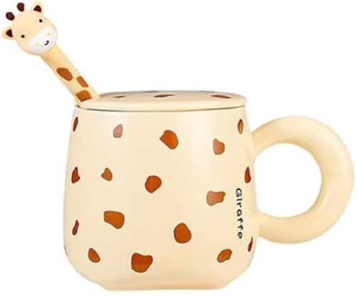 Huiyiwert Cartoon giraffa tazza da caffè in ceramica con coperchio e cucchiaio, motivo giraffa, tazza da caffè, divertente regalo per bambini, ragazze, donne, uomini, amici (giallo)
