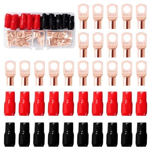 YIXISI 40 Stücke M8 SC16-8 AWG6 Ringkabelschuhe Set, Röhrenförmige Batteriekabelenden, Kupferkabelschuhe, mit Isoliertüllen Sleeve, für Elektrokabel, Goldene