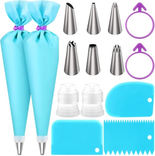 Reusable Piping Bags and Nozzles Set - 15 Pcs Baking Kit Including 6 Nozzles, 2 Couplers, 3 Cake Scraper and Silicone Rings - Ideal for Cakes, Cupcakes, and Cookies