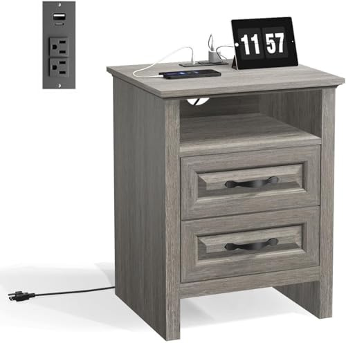 Amada Farmhouse Nightstand with Charging Station, Set of 1, Bedside Table with 2 Drawers, USB A Port, USB C Port& 2 AC Outlets, Rustic Farmhouse End Table for Bedroom, Gray