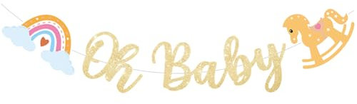 MoguGo Babyparty Deko Banner Oh Baby in Glitzer Gold – Boho-Wolke & Holzpferd Design Girlande für Baby Shower, Taufe, Geburtstag – Hängende Papierdeko für Junge & Mädchen