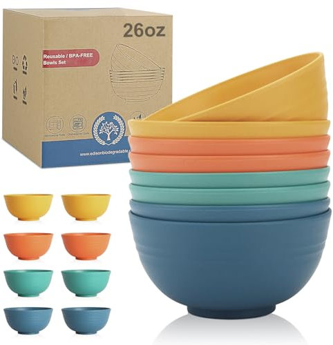 Wrova Reusable Plastic Bowl Sets 8 PCS Unbreakable Cereal Bowl 26 OZ Microwave and Dishwasher Safe Bowl Sets for Camping and Picnic Lightweight Kitchen Bowls for Serving Soup, Oatmeal and Fruit-Multi