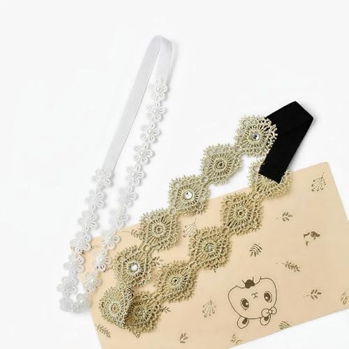 2 Pièces Bandeau Élastique Dentelle pour Bébé, Souple avec pour Filles, Accessoires pour Cheveux, avec Fleurs et Perles