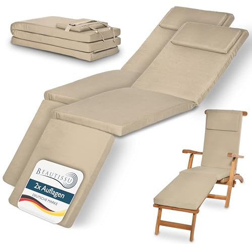 Beautissu 2er Set Deckchair Auflage Sonnenliege Bezug Abnehmbar | 175x45x5cm Natur Liegestuhl Gartenliege Polster Liegenauflage Gartenmöbel Kissen LoftLux DC