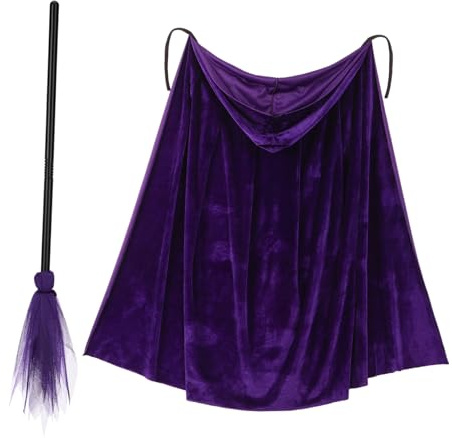 minkissy Cape de à Capuche Violette Velours avec Balai pour Déguisement Halloween Fille et Cosplay Fête
