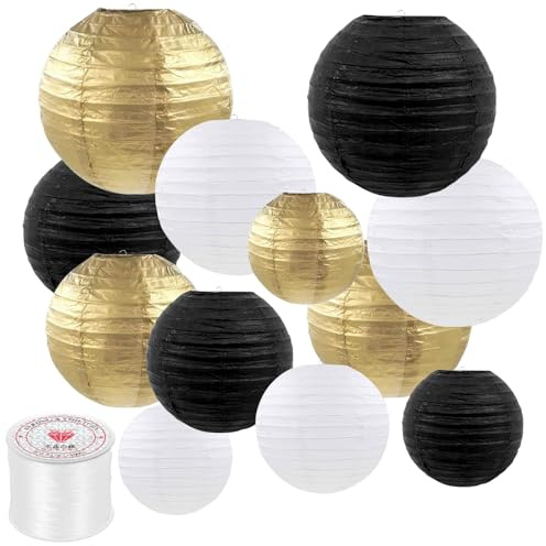 Logei Papierlaternen Schwarzgold Papier Lampions, 12 Stück Runde Hängende Papierlampions Lampions Party Deko für Hochzeit Geburtstage Gartenparty (Schwarzgold)