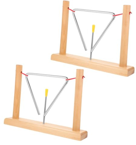 2 Stück Triangel Musikinstrument mit Holzständern und Klöppeln | Beige, Holz und Eisen Verarbeitet, Sichere Ausführung mit Abgerundeten Kanten