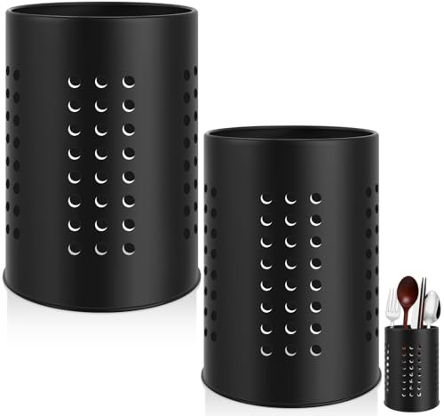 Xinxinphi 2-Piece Black Stainless Steel Cutlery Holder, Kitchen Countertop Organizer, Cooking Utensils Caddy, Kitchenware Storage Holders for Spoon, Knife, Fork & Spatula (10 x 16.5cm and 12 x 18cm)
