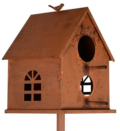 UNUS Vogelhaus mit Stab Metall Rost ca. 126 cm wetterfest Garten Terrasse | Balkon Beet