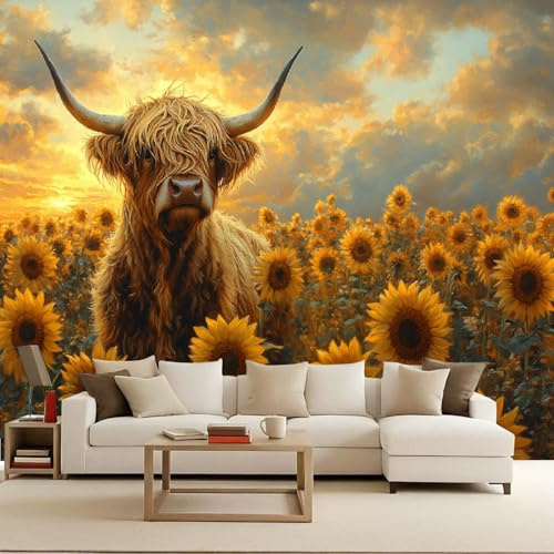 Fotomurale Highland Cow Carta da parati murale 400x280 cm TNT Murale Cielo Blu Prato Fiori alla moda Decorazione da Muro XXL Poster Gigante Design Carta per pareti Animale