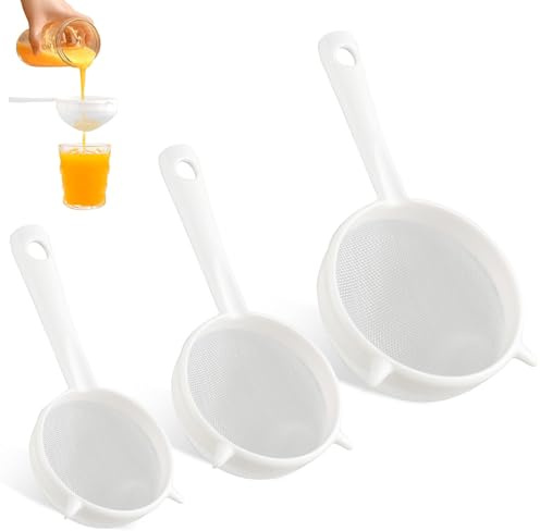 Ferizzia 3 Piezas Colador Plastico, Colador Multiusos con Mango, 3 Tamaños | Filtros de Mano Zumos, Malla Fina con Orificio para Colgar, Adecuado ara Filtrar Zumos, Café, Miel, Yogur