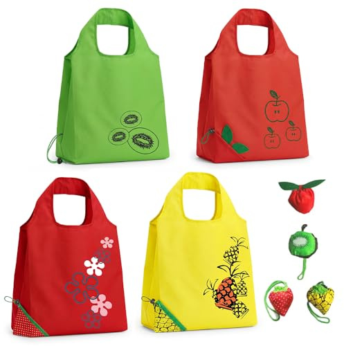 MonoKeriiy 4PCS Reusable Shopping Bags Foldable Carrier Bags Large Grocery Totes Water-Resistant Fruit Pattern with Drawstring Pouch for Adults Women Supermarket Travel Events Novelty Accessories Set