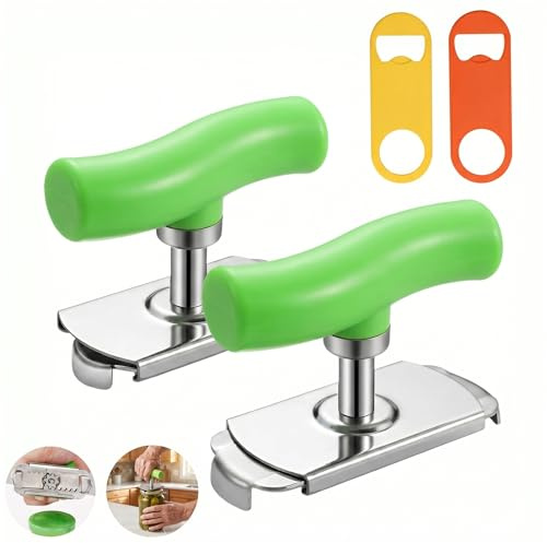 Abrelatas de acero inoxidable, 2 abridores de tapas, abrebotellas para personas mayores, abrebotellas ajustable, abridor de tapa de rosca para familia, pícnic, cocina, gadgets con 2 sacacorchos