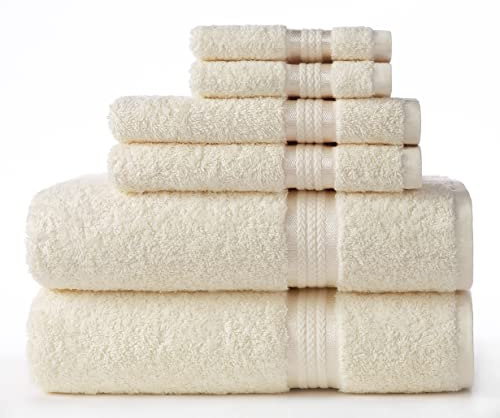 COTTON CRAFT Ultra Soft 6 Piece Towel Set - 2 Large Bath Towels, 2 Hand Towels, 2 Washcloths - Absorbent 580 GSM Quick Dry Everyday Luxury Hotel Bathroom Spa Gym Shower Pool - 100% Cotton - Ivory