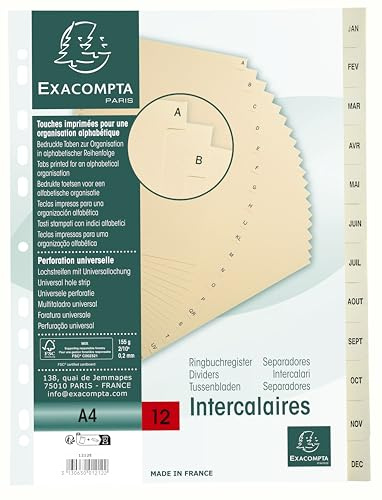 Exacompta 1212E 10er Pack Karton-Register Jan.-Dez. für DIN A4 aus Karton 12-teilig volle Höhe 21 x 29,7 cm elfenbein mit bedruckten Taben Universallochung Trennblätter Trennstreifen Ordner-Register