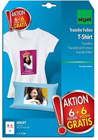 SIGEL T1156 Transferpapier Transferfolie Bügelfolie für helle Textilien und Tintenstrahldrucker, 12 Blatt A4