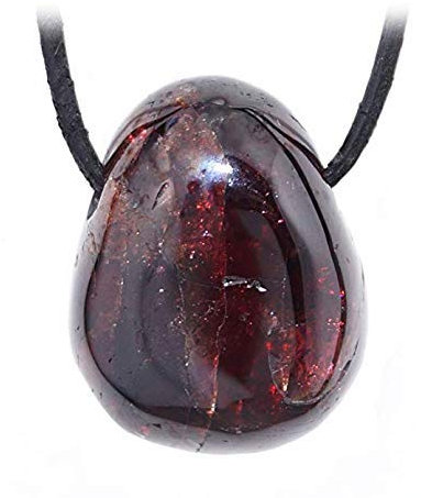 Kaltner Präsente Edelstein Halskette mit Anhänger/Granat Rot/Lederband mit gebohrtem Trommelstein Tropfen Anhänger/Hochwertiger Edelsteinanhänger/Lederkette