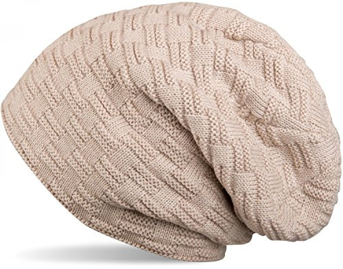 styleBREAKER Feinstrick Longbeanie Mütze mit Flecht Muster und warmem Fleece Innenfutter | Winter Strickmütze Unisex elastisch weich bequem warm, Farbe:Beige