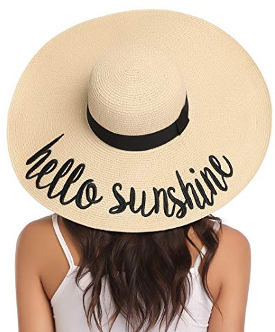 Lanzom Damen Wide Brim Strohhut Floppy Faltbare Roll Up Cap Strand Sonnenhut Upf 50+ style f-hallo sonnenschein beige einheitsgröße