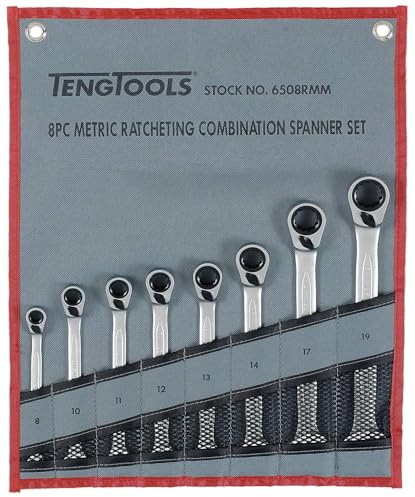 TENG TOOLS 6508RMM Ratchet Combination Spanner Set – 8pc Professional 72‑Tooth Flip Reverse Spanners with Storage Wallet, Metric Sizes 8–19mm for Mechanics, DIY & Workshop Use