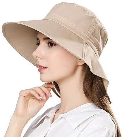 SIGGI faltbarer Sonnenhut Sommerhut UPF 50 + mit Nackenschnur Damen aus Baumwolle, 1005_Khaki, Einheitsgröße