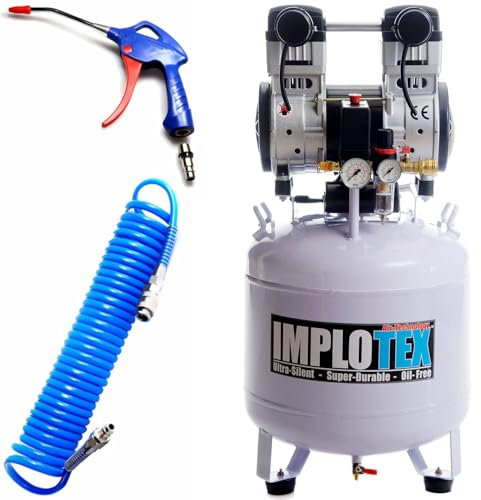 IMPLOTEX 1500W Silent Flüsterkompressor Druckluftkompressor 60dB leise ölfrei Kompressor inkl. Ausblaspistole und Druckluftschlauch