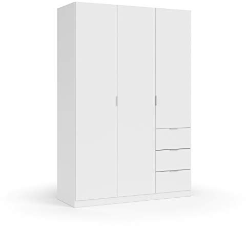 Esidra Armario con Tres Puertas batientes y Tres cajones, Color Blanco, Medidas 135 x 200 x 52 cm