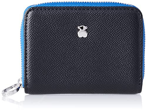 TOUS Monedero Mediano de Poliuretano con Efecto Saffiano en Negro y Azul, Cierre Presión y Cremallera, Medidas 11 x 8 x 3 cm, Bonito y Chic, Colección Dubai