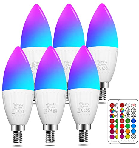 Wivety E14 Led Lampe 5W (ersetzt 40W), RGB Kerze Glühbirnenm, Warmweiß 2700K Ambiente RGB Farbwechsel Farbige mit Fernbedienung (6er-Pack)