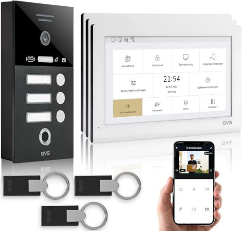 GVS - IP Video Türsprechanlage 3 Familienhaus mit Türöffner (RFID & Fingerprint), HD Kamera, 3X 10 Zoll Monitor & App - Smarte Video Türklingel mit Kamera & Gegensprechanlage (AVS5452A)