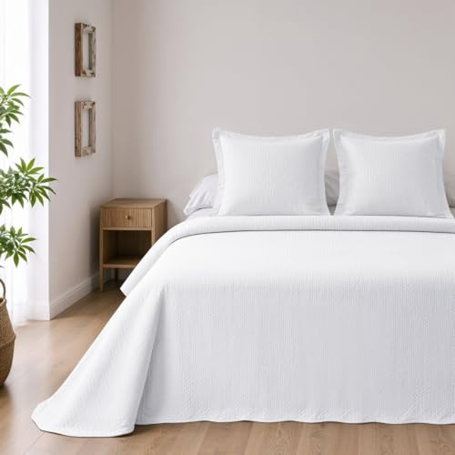 BOHEME Colcha Reversible de Microfibra Blanca Cama 180+2 Fundas de Cojín | Incluye 1 colcha (270x270 cm) y 2 fundas de 50x70 cm. Ligera, transpirable, de secado rápido e ideal para entretiempo.