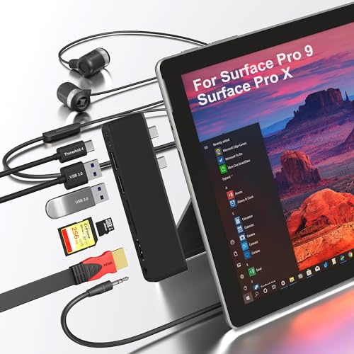surface Pro 9 11 10 Hub Docking Station, Surface Pro 9 Adapter mit 4K HDMI, Thunderbolt 4(8K-Video+40G Daten+100W Aufladen), 2xUSB 3.0, SD/TF Kartenleser, 3,5mm-Audio, dreifaches Display