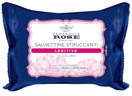 Acqua alle Rose, Salviettine Struccanti Lenitive per Pelli Sensibili, con Estratto di Rosa Chinensis con Azione Protettiva e Struccante sul Viso, Occhi e Labbra, 20 Salviettine