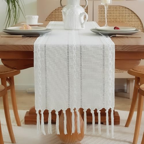 meioro Rustikaler Tischläufer mit Quasten, 33x123cm Landhausstil Boho Table Runner Geflochten Gestreift, Leinen Polyester Tisch Dekoration für Essen Party Urlaub und Hochzeit (Weiß)