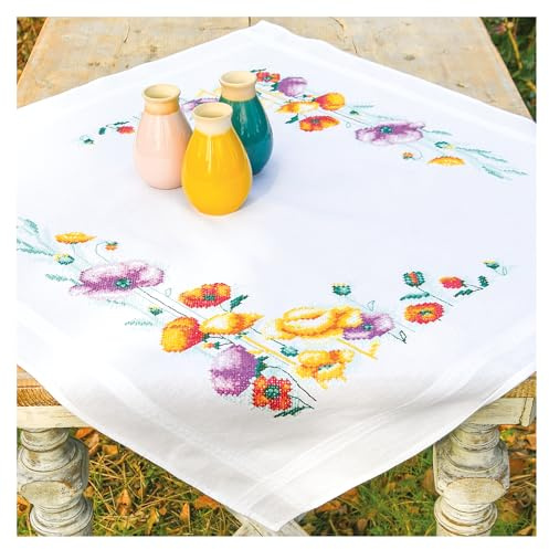 Vervaco Kreuzstich Stickpackungen Tischdecke Mohnblumen Stickdecken Vorgezeichnet Basteln Erwachsene Kreativ Set Vorgedruckte Decke Sticken ca. 80 x 80 cm Handarbeit Zubehör DIY Sticken Set