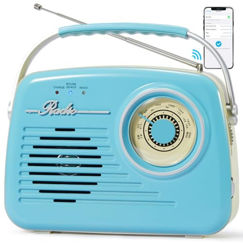 Radios Portátil Am FM, Pequeño Retro Vintage Radio Bluetooth, C*4 Radio De Pilas O Enchufe En La Pared, Soporte Tarjeta SD AUX USB Reproductor De MP3 para El Hogar/Al Aire Libre（Bule）
