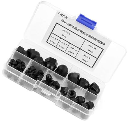Akozon 70-teiliges M3/M4/M5/M6/M8/M10-Hutmuttern-Set aus Schwarzem Nylon in Mehreren Größen, Sechskant-Hutmuttern Zur Befestigung von Maschinen und Möbelteilen (BLACK)