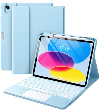 Vobafe Tastiera iPad 10 Generazione 10.9 Pollici 2022, Cover con Tastiera Rimovibile iPad A16 11 Gen 2025 con Trackpad, Italiano QWERTY con 7 Colori Illuminato, Custodia con Portapenna,Blu chiaro