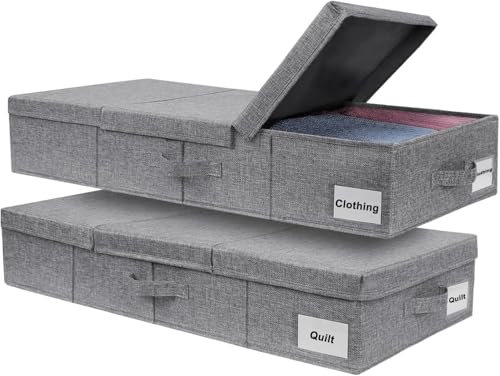 ZPONEED 2 Stück Faltbarer Unterbett Aufbewahrungsbox, Unter Bett Aufbewahrungskisten, Unterbettkommode mit Deckel und Griff für Decken, Kleidung, Schuhe, Spielzeug, Grau