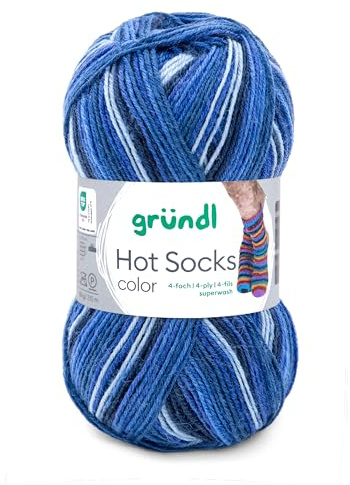 Gründl Hot Socks Color, Sockenwolle mit Farbverlauf blau, Strumpfwolle 4-fach, 4-fädig, Sockengarn, 50g | 75% Wolle, 25% Polyamid (407)